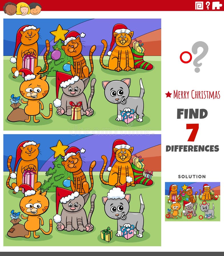 Cartoon Illustration of Finding Differences Between Pictures Educational Game for Children with Comic Cats Group on Christmas Time. Cartoon Illustration of Finding Differences Between Pictures Educational Game for Children with Comic Cats Group on Christmas Time