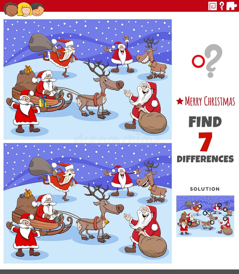 Cartoon illustration of finding differences between pictures educational game for children with Christmas characrters. Cartoon illustration of finding differences between pictures educational game for children with Christmas characrters