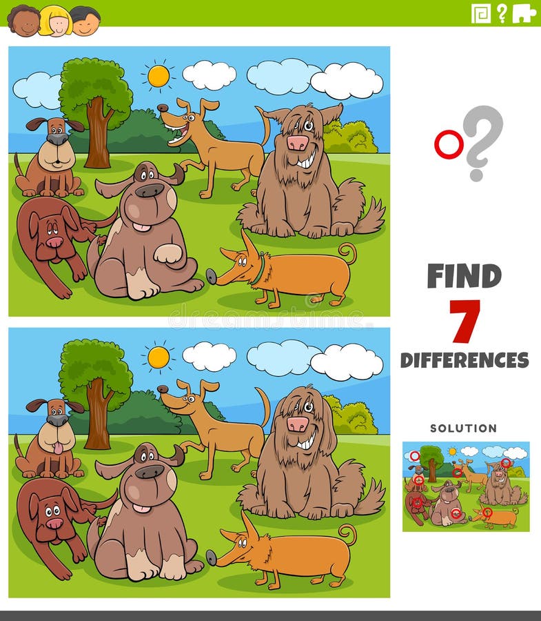 Cartoon Illustration of Finding Differences Between Pictures Educational Game for Kids with Comic Dogs Group. Cartoon Illustration of Finding Differences Between Pictures Educational Game for Kids with Comic Dogs Group