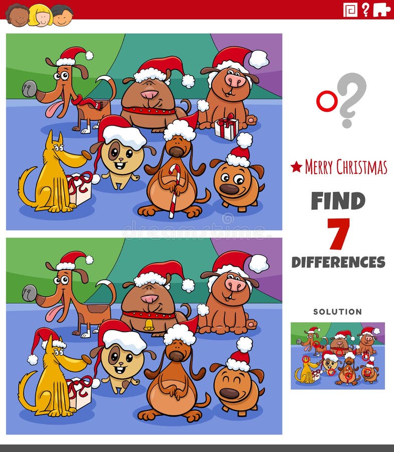 Cartoon illustration of finding differences between pictures educational game for children with cute dogs group on Christmas time. Cartoon illustration of finding differences between pictures educational game for children with cute dogs group on Christmas time