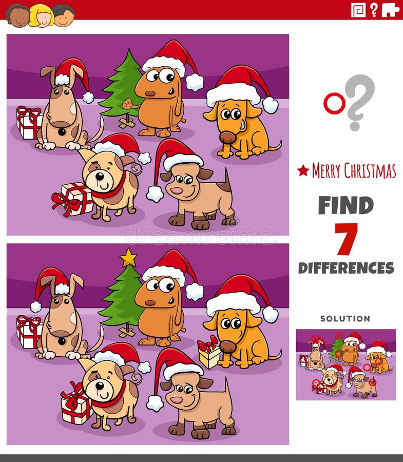 Cartoon Illustration of Finding Differences Between Pictures Educational Game for Children with Comic Dogs Group on Christmas Time. Cartoon Illustration of Finding Differences Between Pictures Educational Game for Children with Comic Dogs Group on Christmas Time