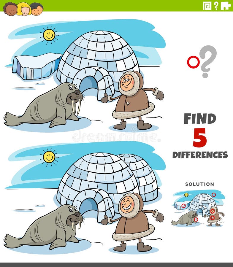 Cartoon illustration of finding the differences between pictures educational game for children with Eskimo with walrus and igloo. Cartoon illustration of finding the differences between pictures educational game for children with Eskimo with walrus and igloo