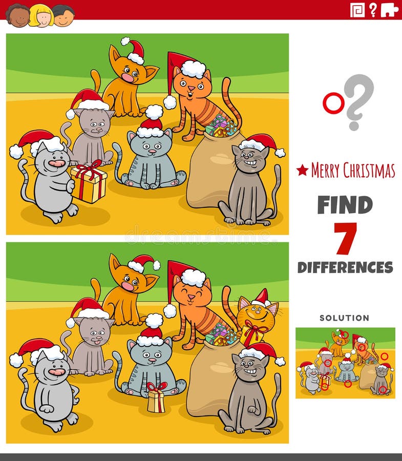 Cartoon Illustration of Finding Differences Between Pictures Educational Game for Children with Comic Kittens Group on Christmas Time. Cartoon Illustration of Finding Differences Between Pictures Educational Game for Children with Comic Kittens Group on Christmas Time