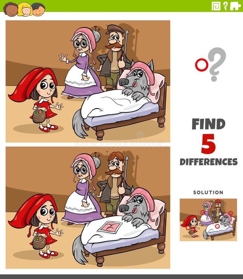 Cartoon illustration of finding the differences between pictures educational game for children with Little Red Riding Hood and wolf and grandma and huntsman. Cartoon illustration of finding the differences between pictures educational game for children with Little Red Riding Hood and wolf and grandma and huntsman