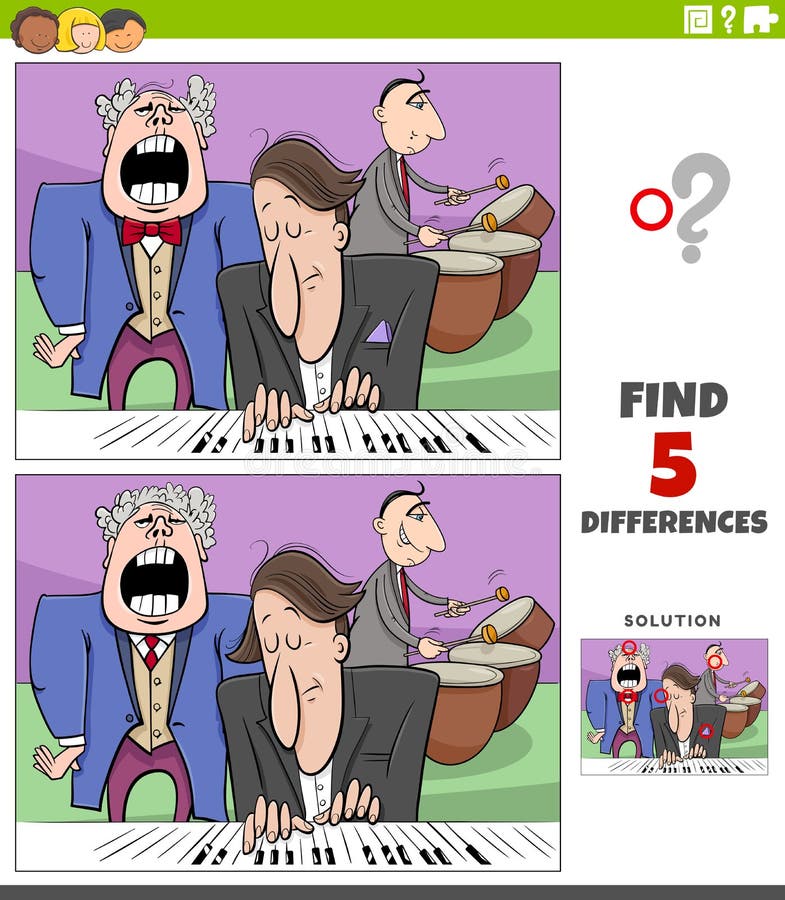 Cartoon illustration of finding the differences between pictures educational game for children with music band. Cartoon illustration of finding the differences between pictures educational game for children with music band