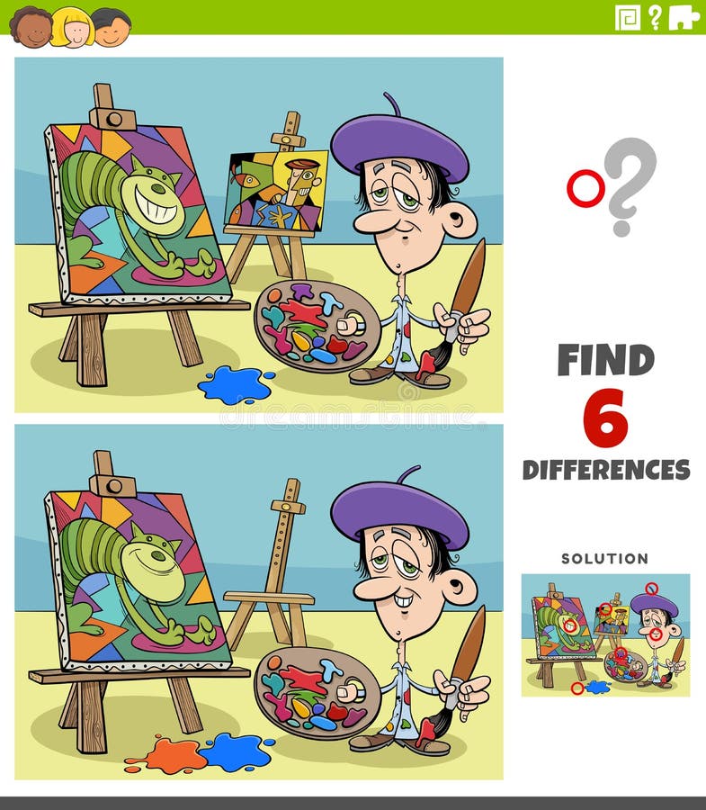 Cartoon illustration of finding the differences between pictures educational game for children with painter artist. Cartoon illustration of finding the differences between pictures educational game for children with painter artist