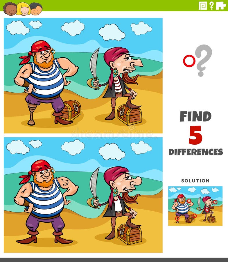 Cartoon illustration of finding the differences between pictures educational game for children with pirates and their treasure. Cartoon illustration of finding the differences between pictures educational game for children with pirates and their treasure