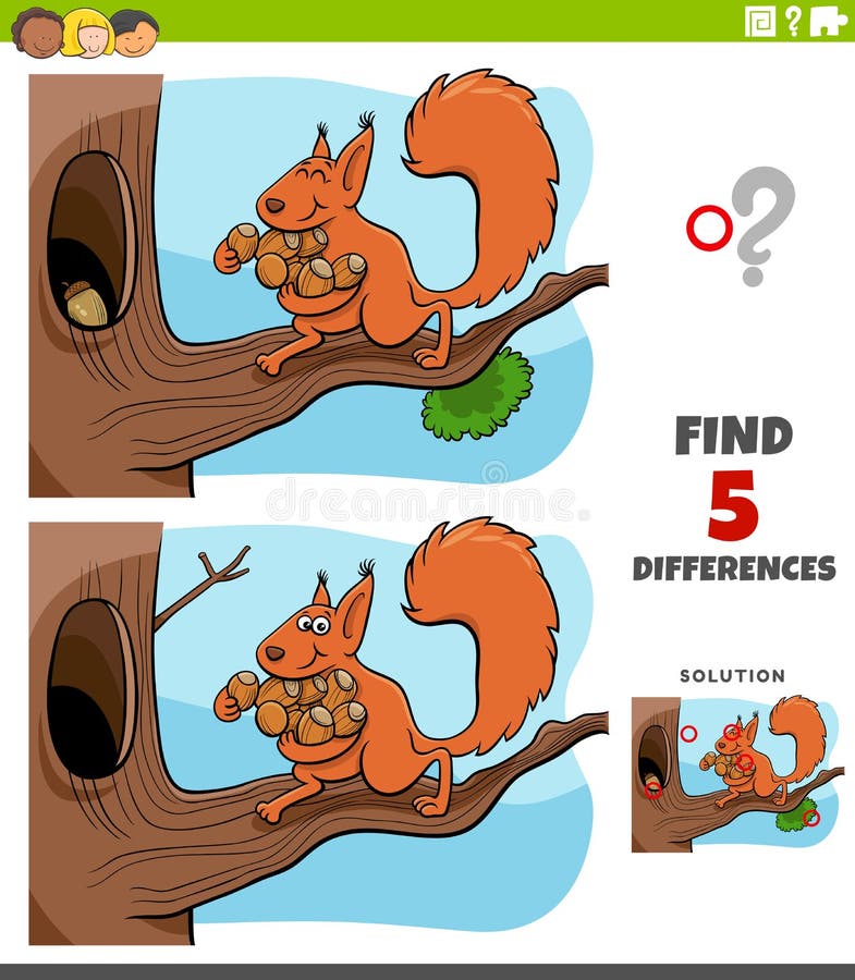 Cartoon illustration of finding the differences between pictures educational game for children with squirrel carrying acorns to her tree hollow. Cartoon illustration of finding the differences between pictures educational game for children with squirrel carrying acorns to her tree hollow