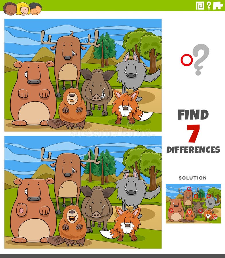 Cartoon Illustration of Finding Differences Between Pictures Educational Game for Kids with Wild Animal Characters Group. Cartoon Illustration of Finding Differences Between Pictures Educational Game for Kids with Wild Animal Characters Group