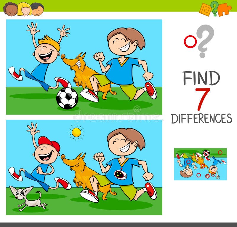 Cartoon Illustration of Finding Differences Between Pictures Educational Activity Game with Funny Playful Children Characters with Dogs. Cartoon Illustration of Finding Differences Between Pictures Educational Activity Game with Funny Playful Children Characters with Dogs