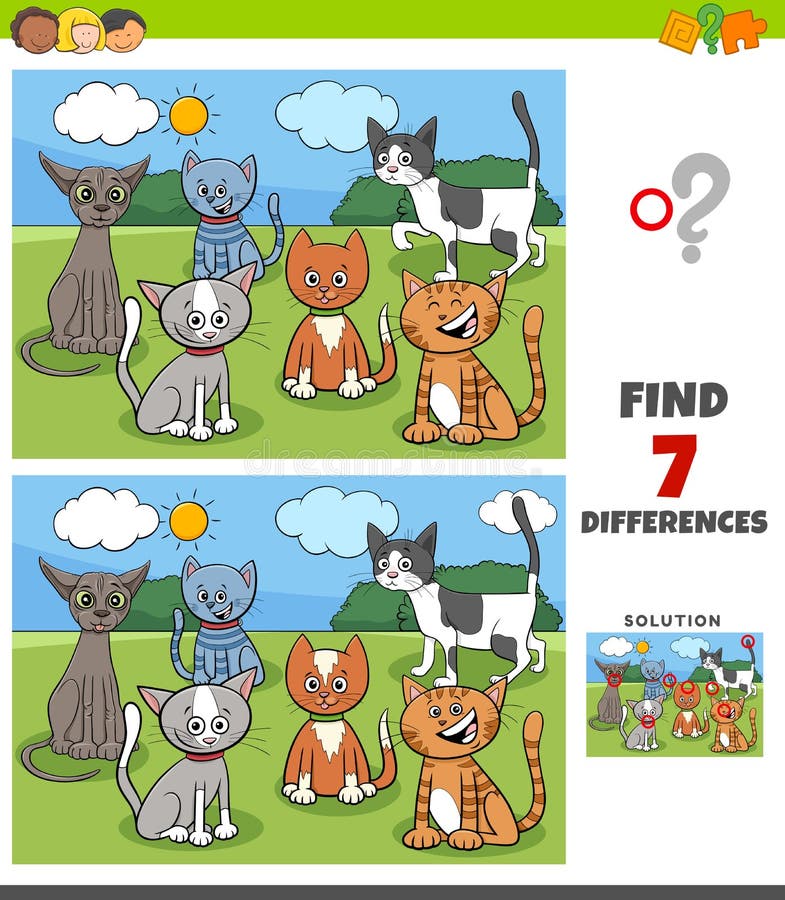 Cartoon Illustration of Finding Differences Between Pictures Educational Game for Children with Cats Characters Group. Cartoon Illustration of Finding Differences Between Pictures Educational Game for Children with Cats Characters Group