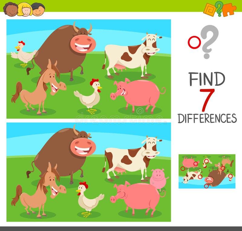 Cartoon Illustration of Finding Seven Differences Between Pictures Educational Game for Children with Farm Animals. Cartoon Illustration of Finding Seven Differences Between Pictures Educational Game for Children with Farm Animals