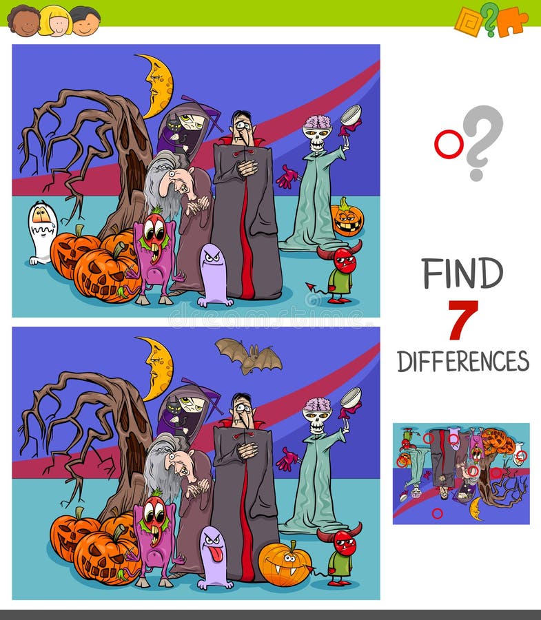 Cartoon Illustration of Finding Seven Differences Between Pictures Educational Game for Children with Halloween Characters. Cartoon Illustration of Finding Seven Differences Between Pictures Educational Game for Children with Halloween Characters