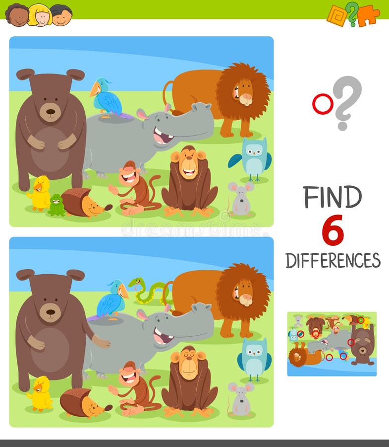 Cartoon Illustration of Finding Six Differences Between Pictures Educational Game for Kids with Happy Animal Characters Group. Cartoon Illustration of Finding Six Differences Between Pictures Educational Game for Kids with Happy Animal Characters Group