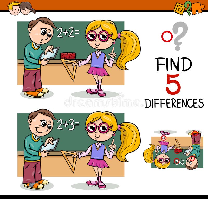 Cartoon Illustration of Finding Differences Educational Activity Task with School Kids. Cartoon Illustration of Finding Differences Educational Activity Task with School Kids