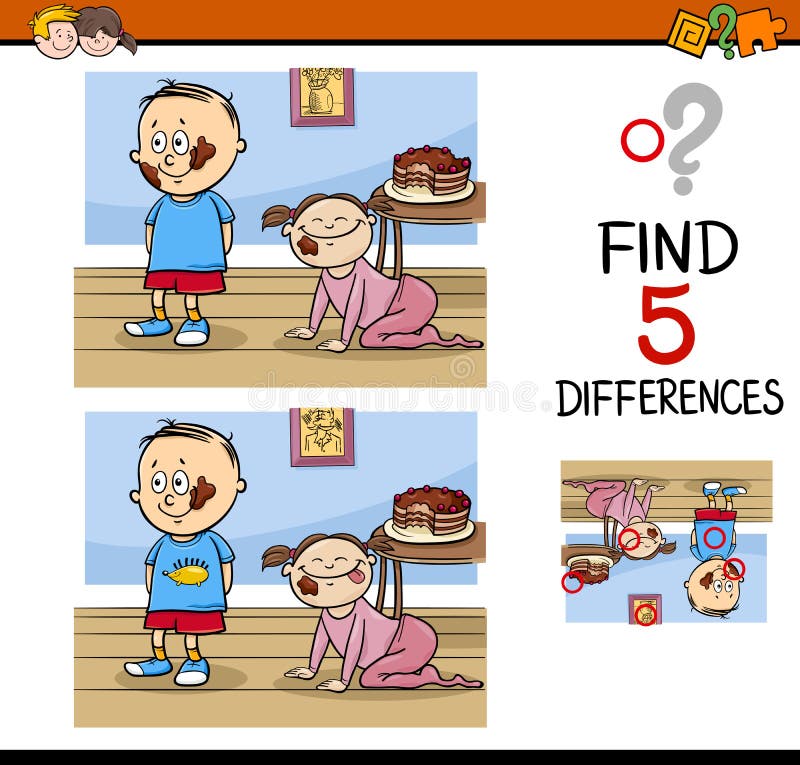 Cartoon Illustration of Finding Differences Educational Activity Task for Kids with Child Characters. Cartoon Illustration of Finding Differences Educational Activity Task for Kids with Child Characters