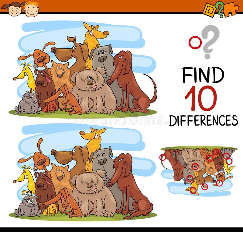 Cartoon Illustration of Finding Differences Educational Game for Preschool Kids with Dog Characters. Cartoon Illustration of Finding Differences Educational Game for Preschool Kids with Dog Characters