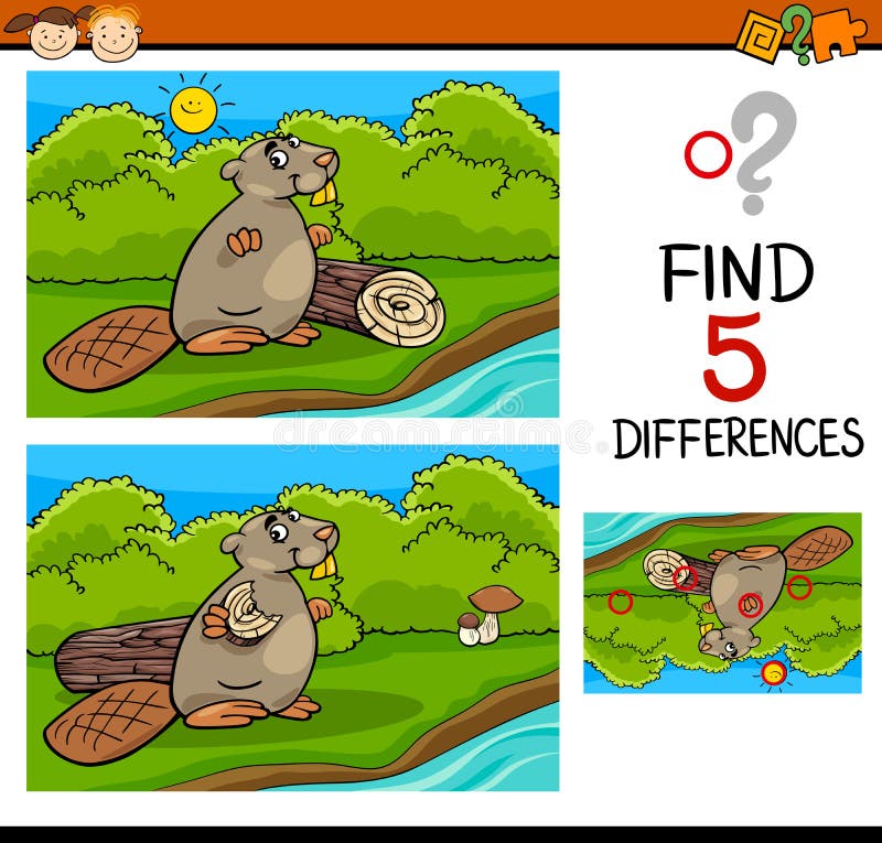 Cartoon Illustration of Finding Differences Educational Task for Preschool Children with Beaver Animal Character. Cartoon Illustration of Finding Differences Educational Task for Preschool Children with Beaver Animal Character