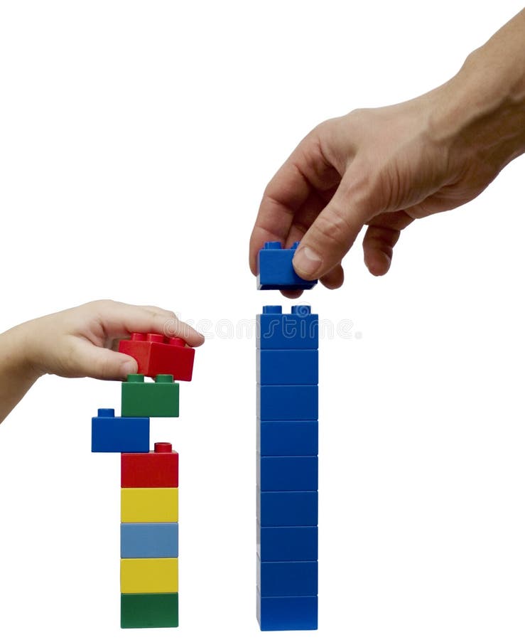 Child and adult building towers from building bricks. Children tower more colorful but lower and less strait than adults. Isolated on white. Boring kid white stock images, royalty-free photos and pictures
