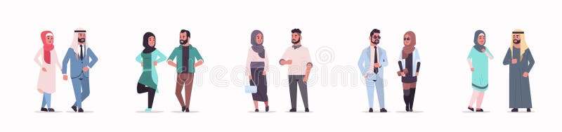 Different arabic business couple standing together arab man woman wearing traditional clothes arabian cartoon characters vector illustration Different arabic business couple standing together arab man woman wearing traditional clothes arabian cartoon characters vector illustration
