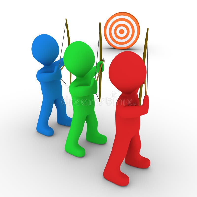 Different colored archers are aiming at the same target. Aiming target illustrations