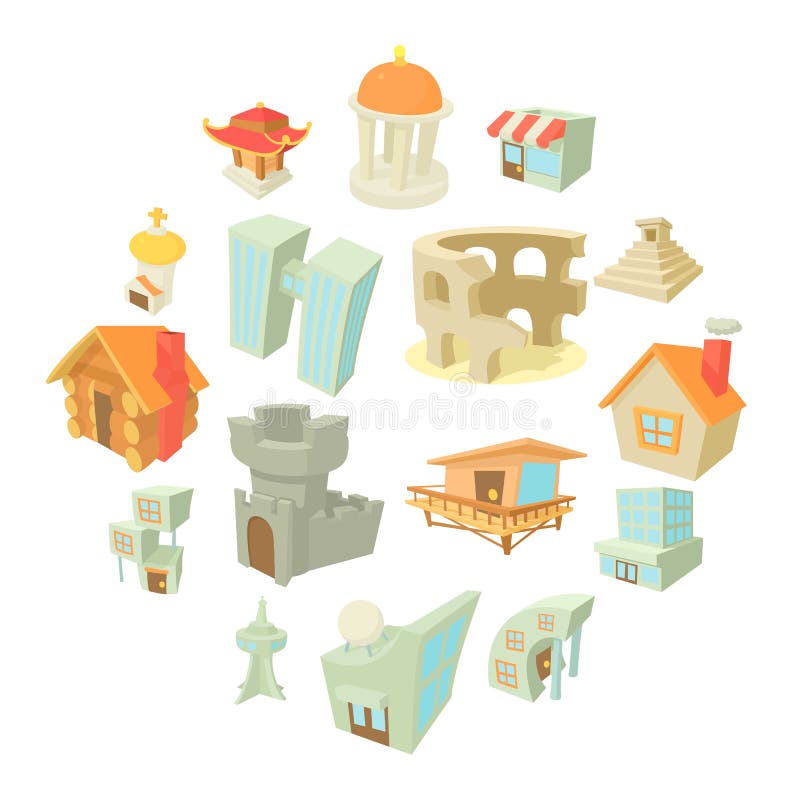 Different Architecture Icons Set, Cartoon Style Stock Vector