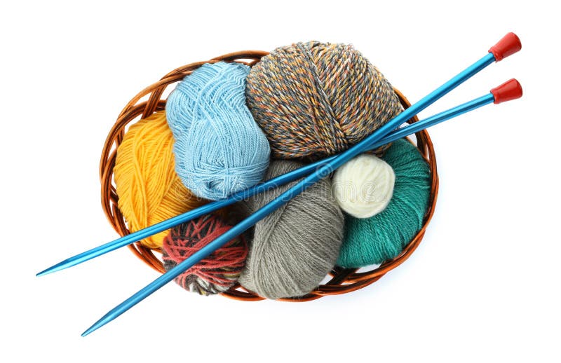 Knitting Yarn Balls And Needles In Basket On A White Background Stock  Photo, Picture and Royalty Free Image. Image 16977357.