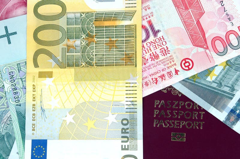 Different banknotes and EU passport