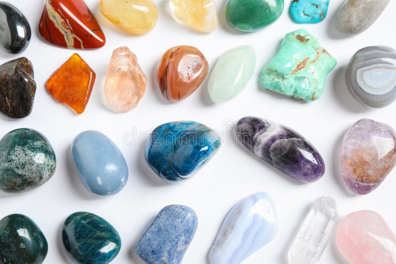 Different beautiful gemstones, top view royalty free stock photo