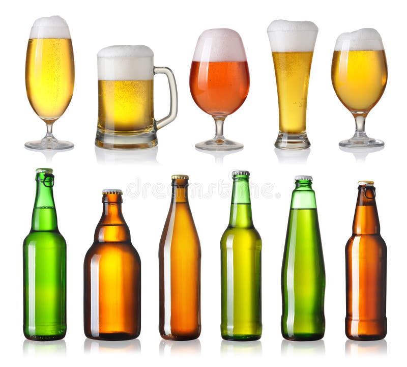 Row of Cold Green and Brown Lager Pilsner Beer Bottles Isolated on