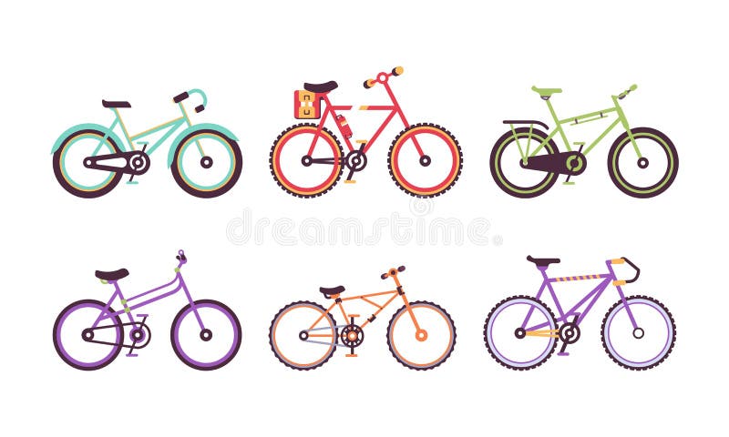 Different Bicycles or Cycle with Pedal and Two Wheels Attached to Frame Vector Set