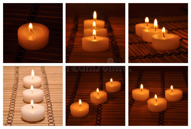 Different candles on a bamboo carpet