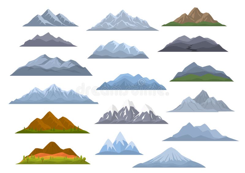 Different cartoon mountains set, isolated graphic vector royalty free illustration