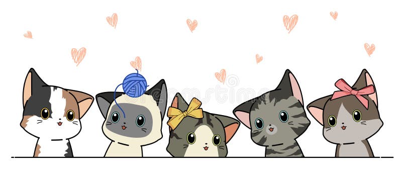 Banner 5 different cat characters in cartoon style