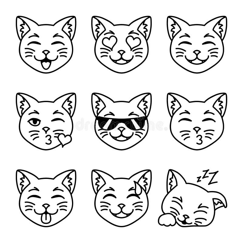 Kawaii Cute Cat Face with Ears. Positive Emotions. Cartoon Vector