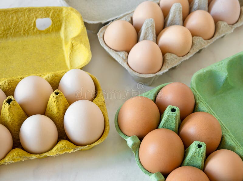 Different Categories of Eggs in Trays on Table. Top View Stock Image