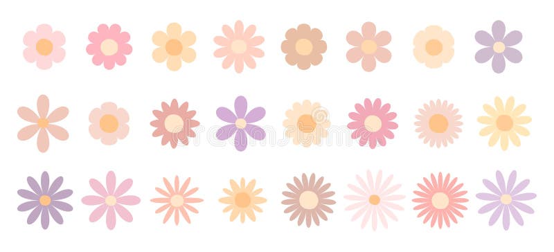 Different chamomile shapes big set. Delicate daisy icon isolated on white background vector illustration