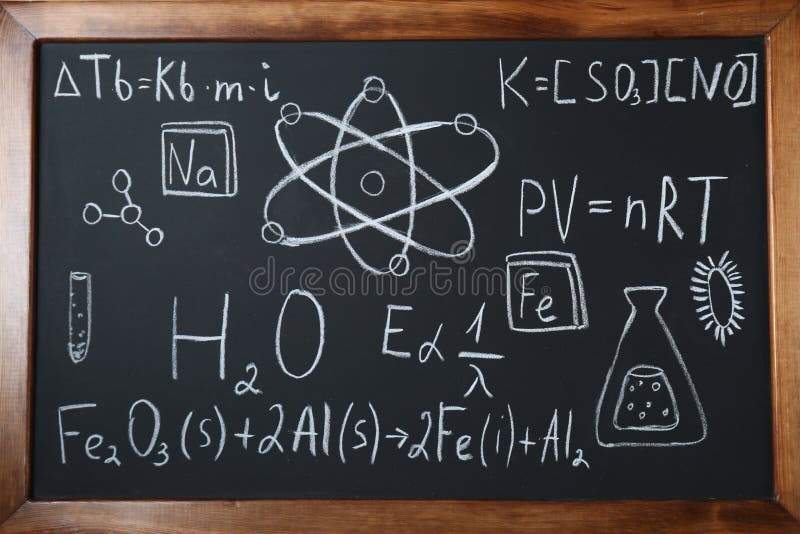 Different Chemical Formulas Written with Chalk on Blackboard Stock