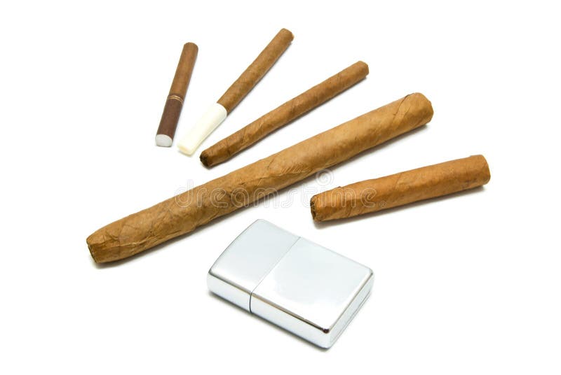 Different cigars and cigarillos with lighter royalty free stock photo Different cigars and cigarillos with lighter royalty free stock photo