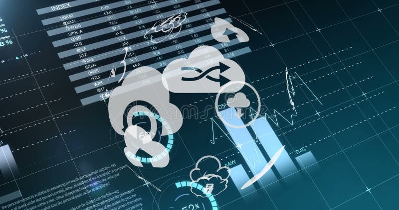 Different clouds icons and graphs 4k stock illustration
