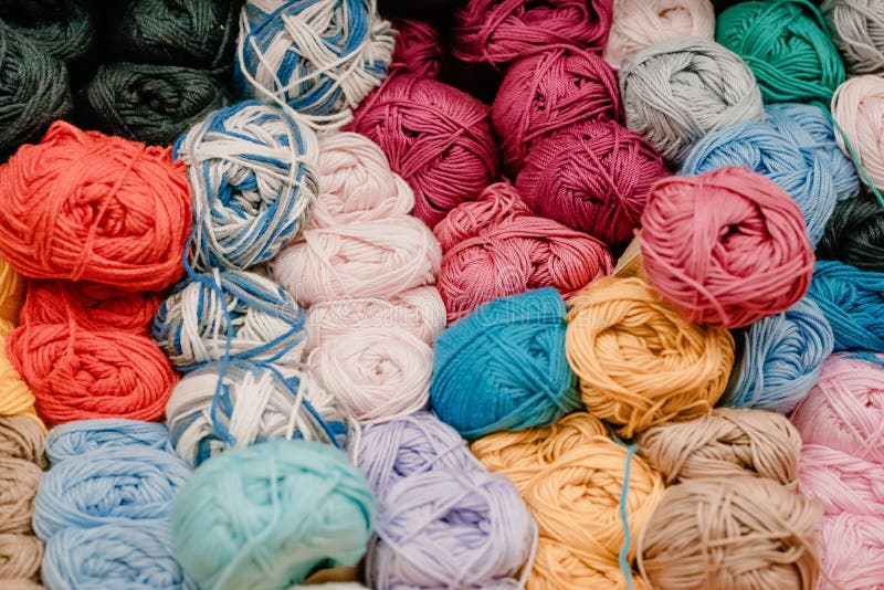 Different Colored Yarn Balls in the Shop. Multicolored Yarn for