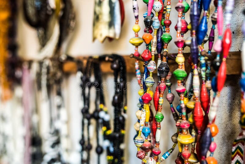 Different colorful beads at african market