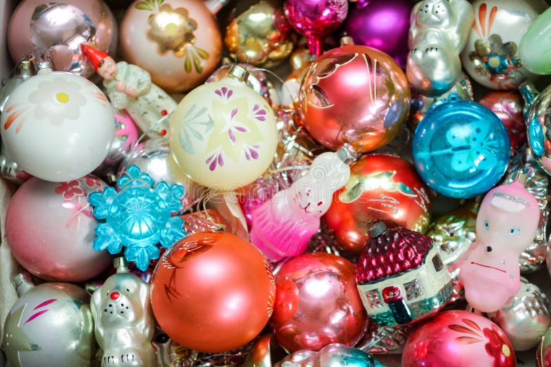 Different colorful Christmas toys on a box royalty free stock photo Different colorful Christmas toys on a box royalty free stock photo