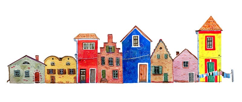Different colorful old stone european houses in row. Hand drawn cartoon watercolor illustration