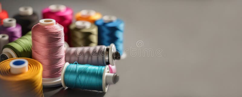 Different colorful sewing threads on wooden table, closeup royalty free stock image