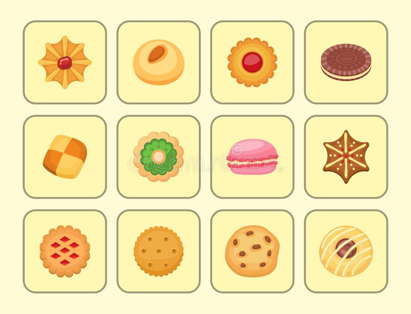 Different cookie cakes top view sweet food tasty snack biscuit sweet dessert vector illustration.