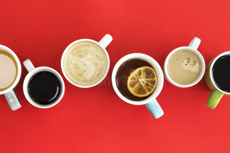 Different Cups Of Coffee On Red Background Stock Photo Image of