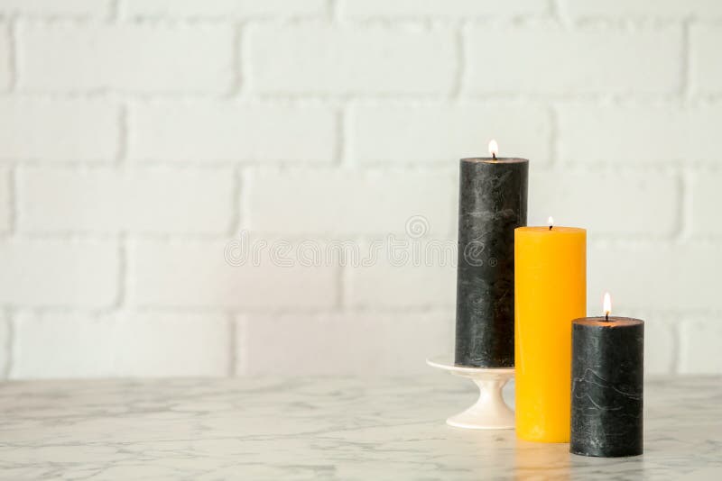 Different Decorative Wax Candles on Table Stock Photo Image of
