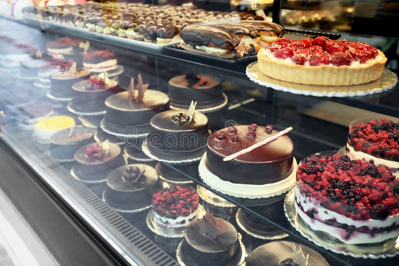 Cakes on Display at a Bakery Shop in London Chinatown Stock Photo