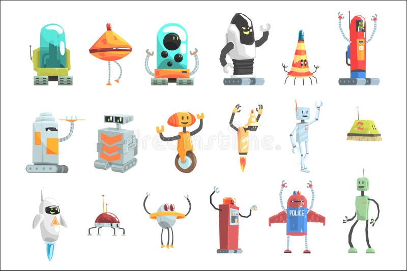 Different Design Public Service Robots Set Of Colorful Cartoon Androids Isolated Drawings stock illustration Different Design Public Service Robots Set Of Colorful Cartoon Androids Isolated Drawings stock illustration